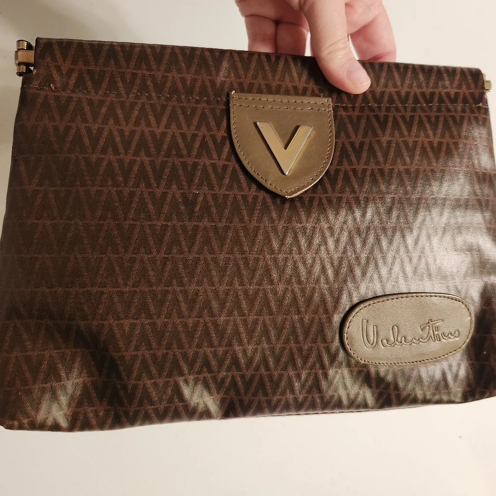 Mario Valentino Vintage Brown Clutch- Gold Logo W/Leather Accents EUC- Italy - Picture 7 of 12